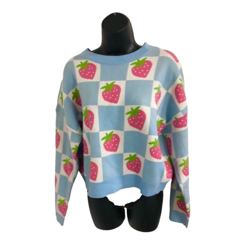 Blue White Strawberry Checkered Pattern Crew Neck… - image 5